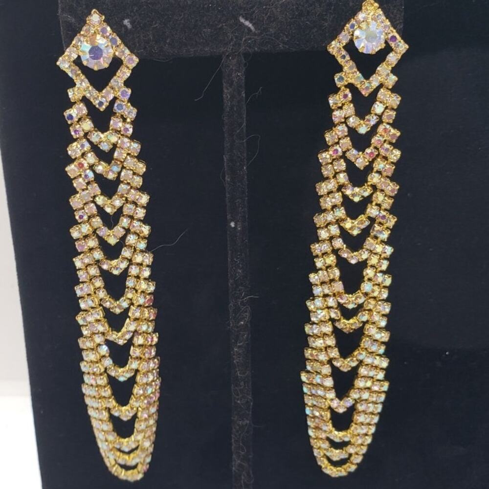 Clear Rhinestone Dangle Pierced Earrings Super Long Gold Toned Drop Movement